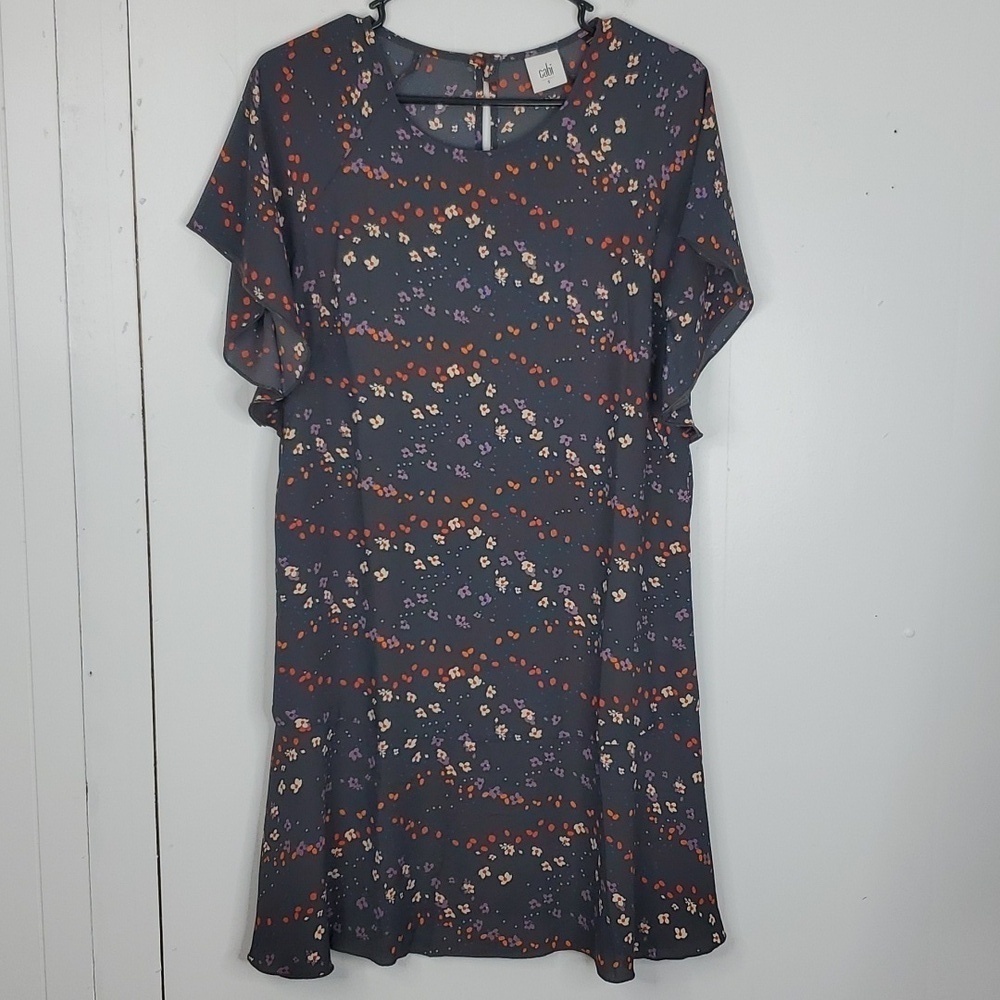 Cabi Muse Floral Dress Flutter Short Sleeve Chiffon Wide Flounce Hem Womens S